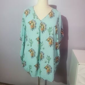 Giddy up Glamour blue cactus tunic top plus size 2x